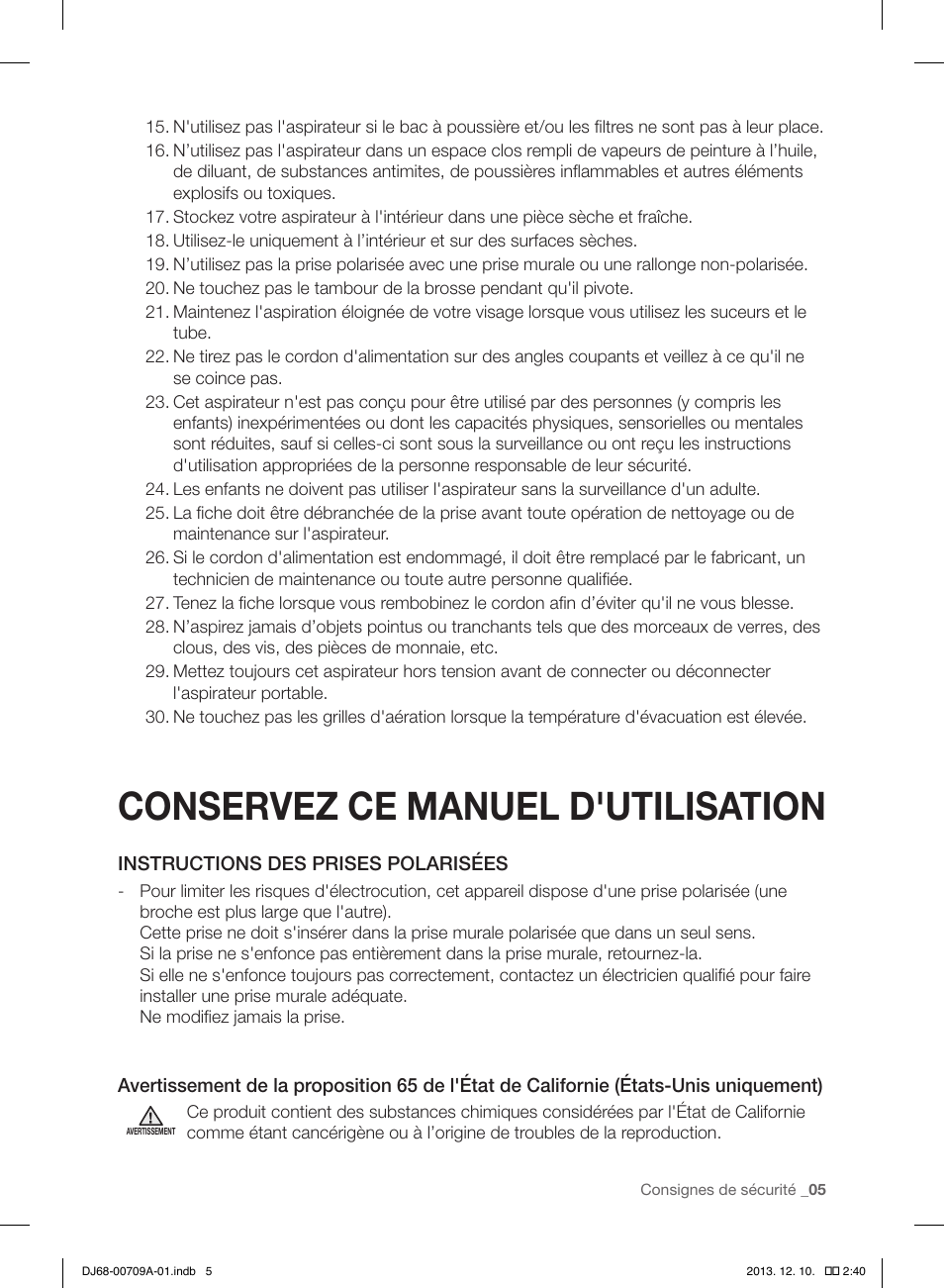 Conservez ce manuel d'utilisation | Samsung VU12F70SHDC-AC User Manual | Page 33 / 84