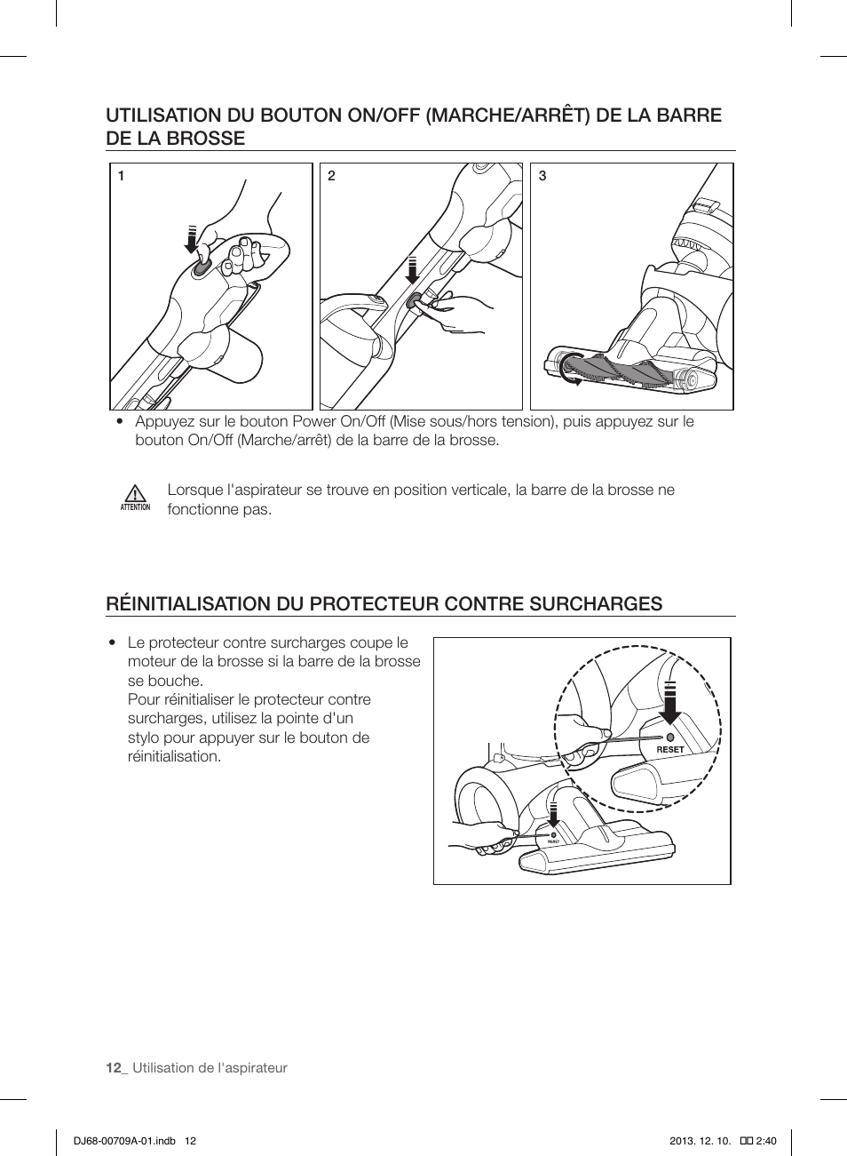 Réinitialisation du protecteur contre surcharges | Samsung VU12F70SHDC-AC User Manual | Page 40 / 84