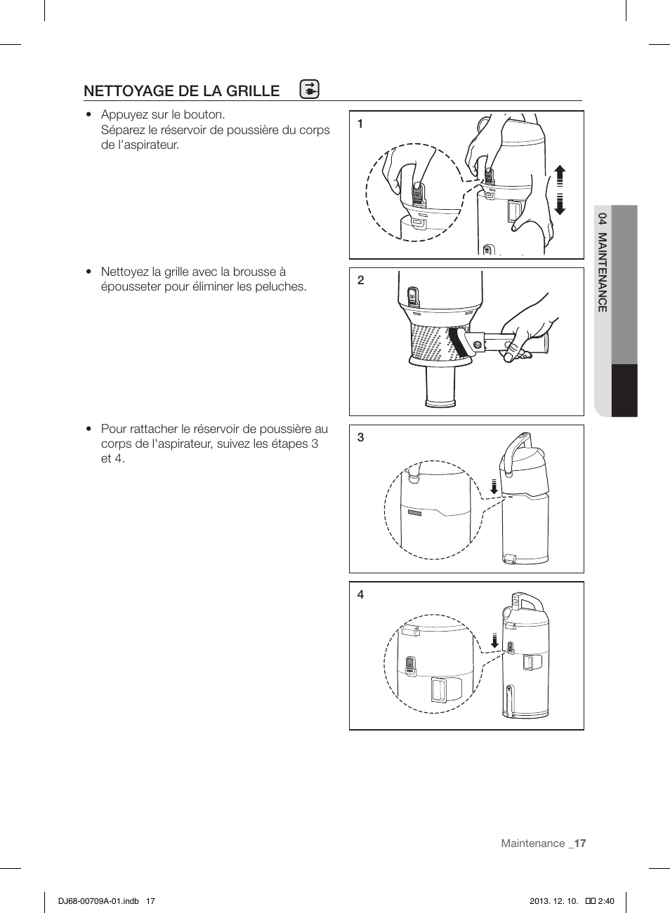 Nettoyage de la grille | Samsung VU12F70SHDC-AC User Manual | Page 45 / 84