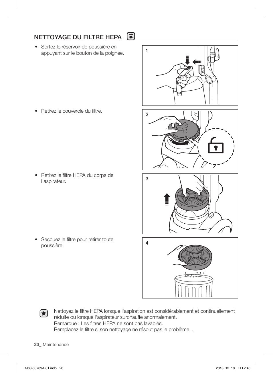 Nettoyage du filtre hepa | Samsung VU12F70SHDC-AC User Manual | Page 48 / 84