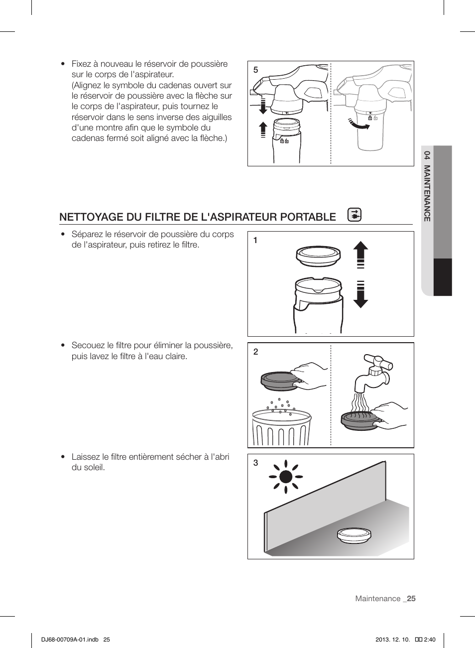 Nettoyage du filtre de l'aspirateur portable | Samsung VU12F70SHDC-AC User Manual | Page 53 / 84