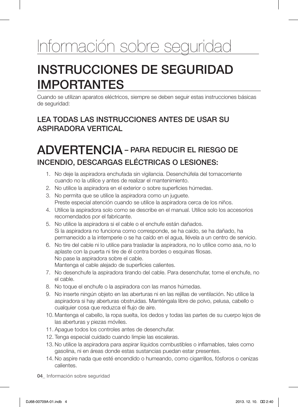 Información sobre seguridad, Instrucciones de seguridad importantes, Advertencia | Samsung VU12F70SHDC-AC User Manual | Page 60 / 84