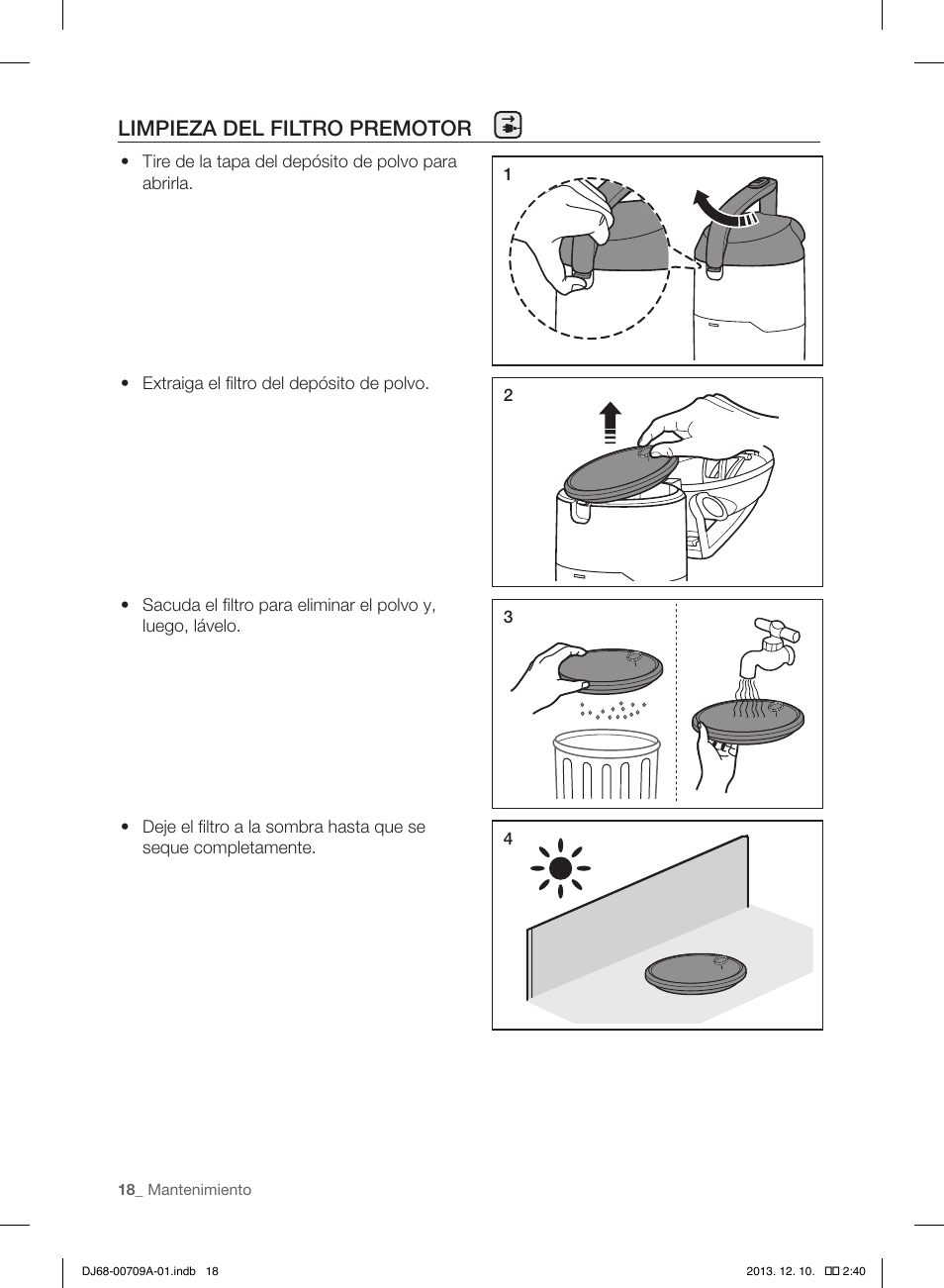Limpieza del filtro premotor | Samsung VU12F70SHDC-AC User Manual | Page 74 / 84