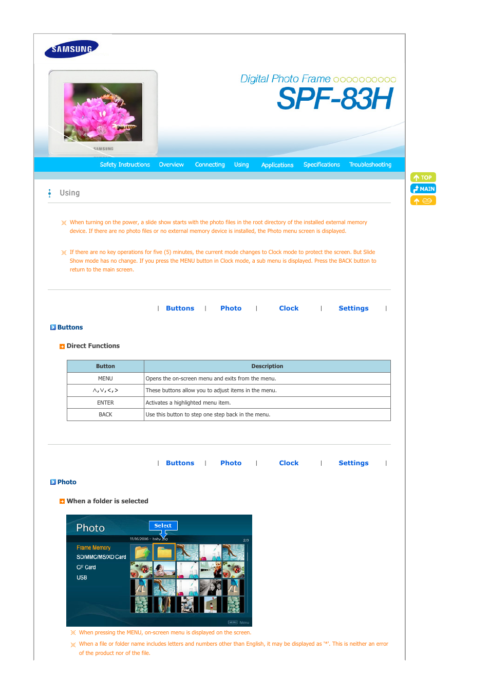 Using, Buttons, Photo | Samsung LP08CPLSS-XSG User Manual | Page 15 / 28
