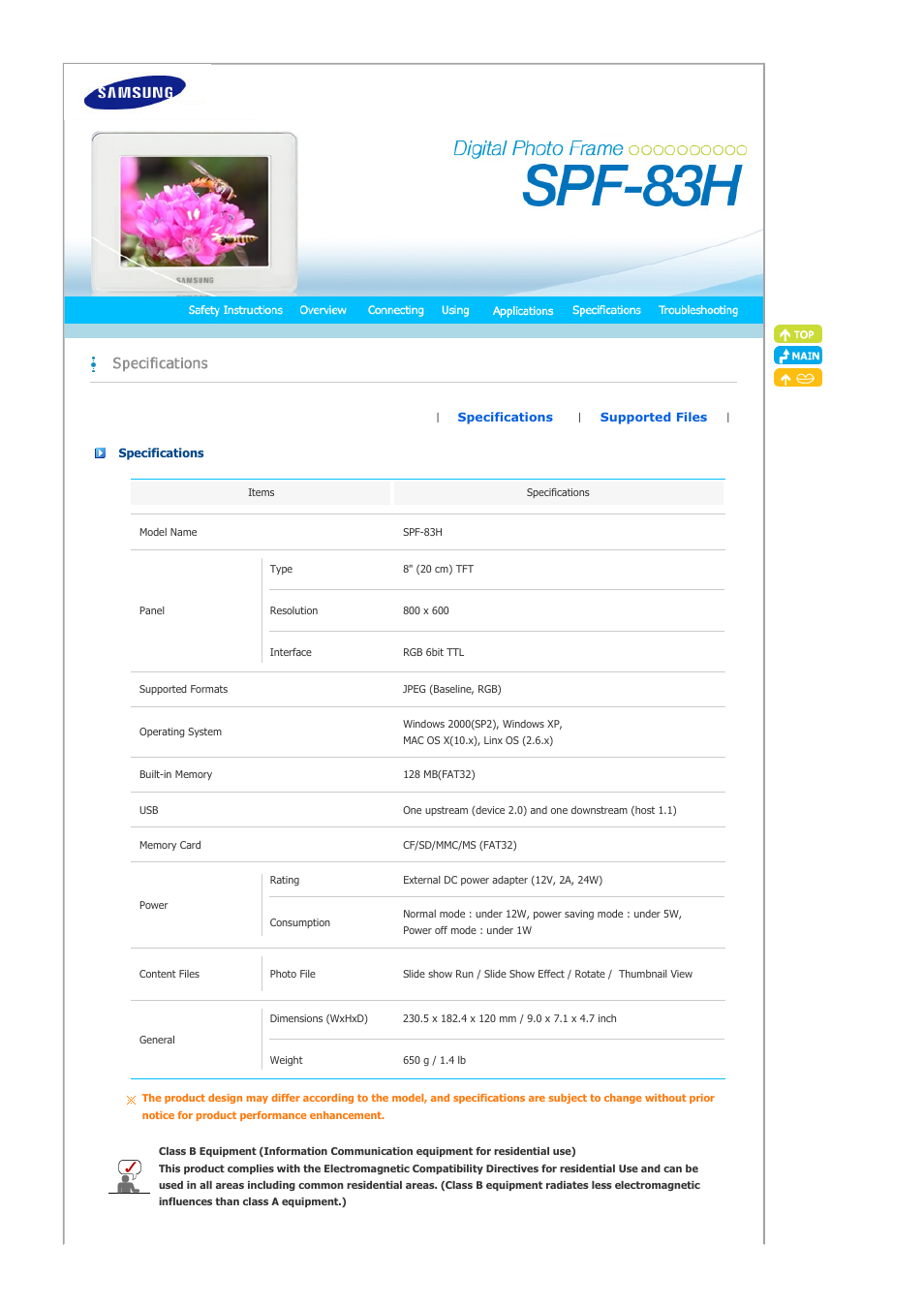 Specifications | Samsung LP08CPLSS-XSG User Manual | Page 22 / 28