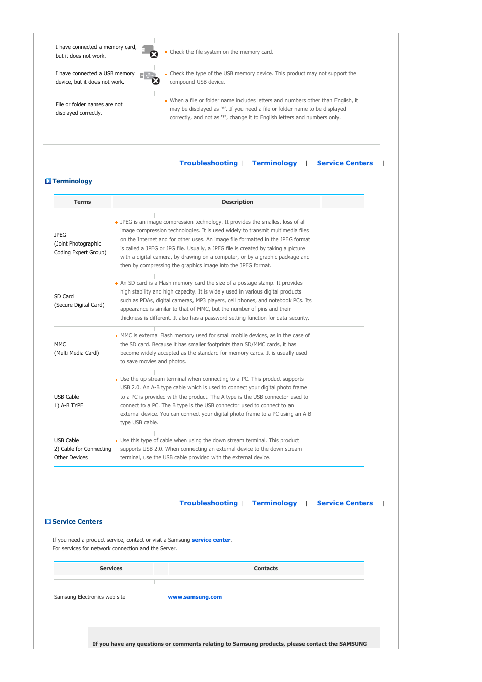 Terminology, Service centers | Samsung LP08CPLSS-XSG User Manual | Page 25 / 28