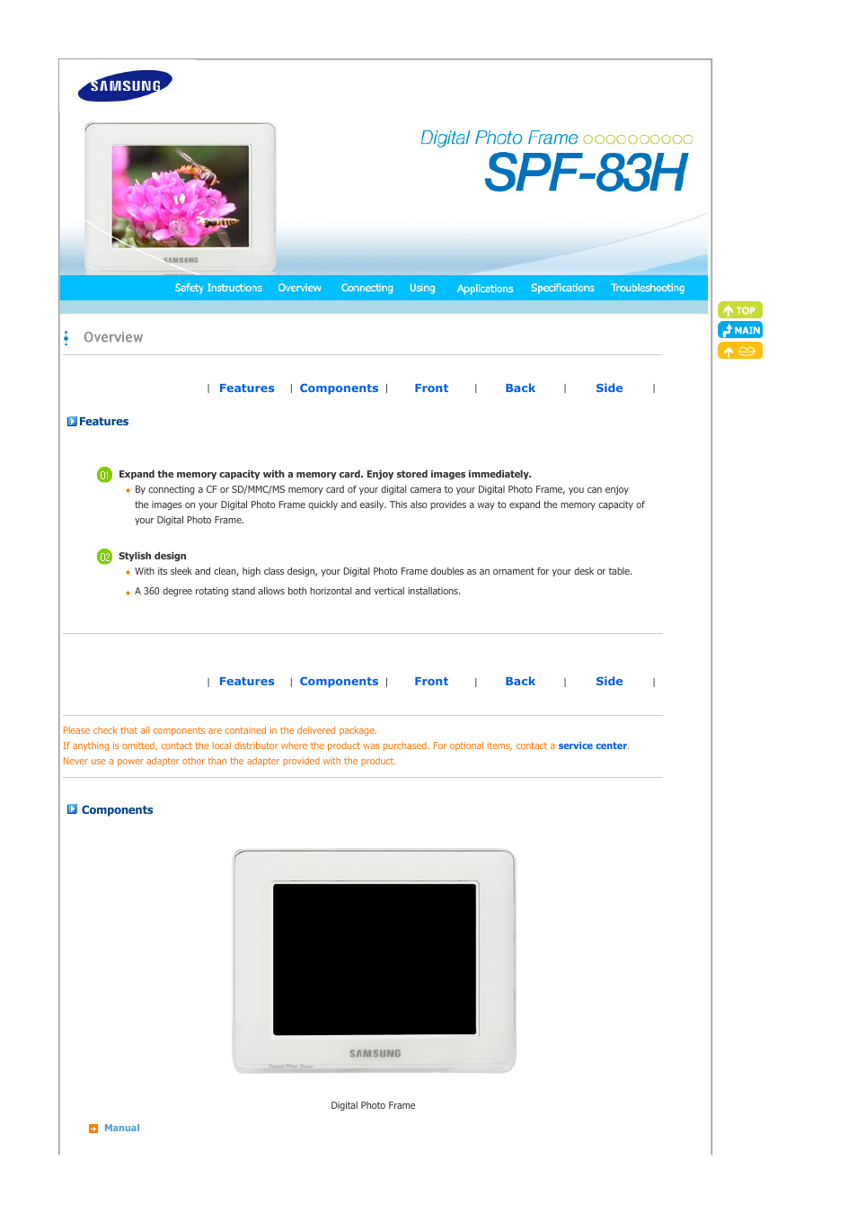 Overview, Features, Components | Samsung LP08CPLSS-XSG User Manual | Page 7 / 28