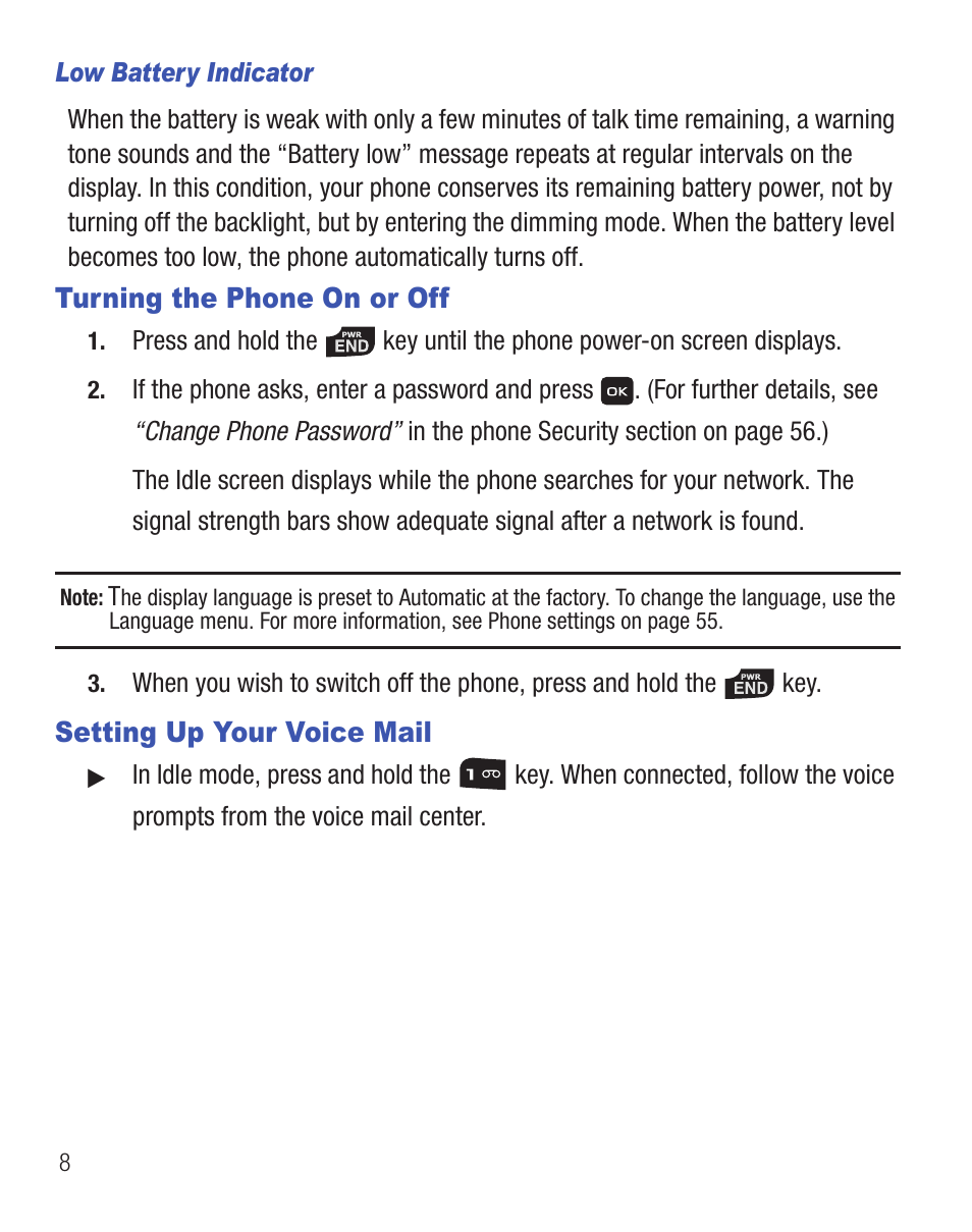 Turning the phone on or off, Setting up your voice mail | Samsung SGH-T245LSATFN User Manual | Page 12 / 88