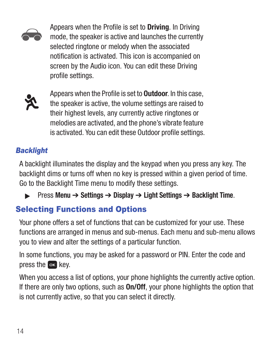 Selecting functions and options | Samsung SGH-T245LSATFN User Manual | Page 18 / 88