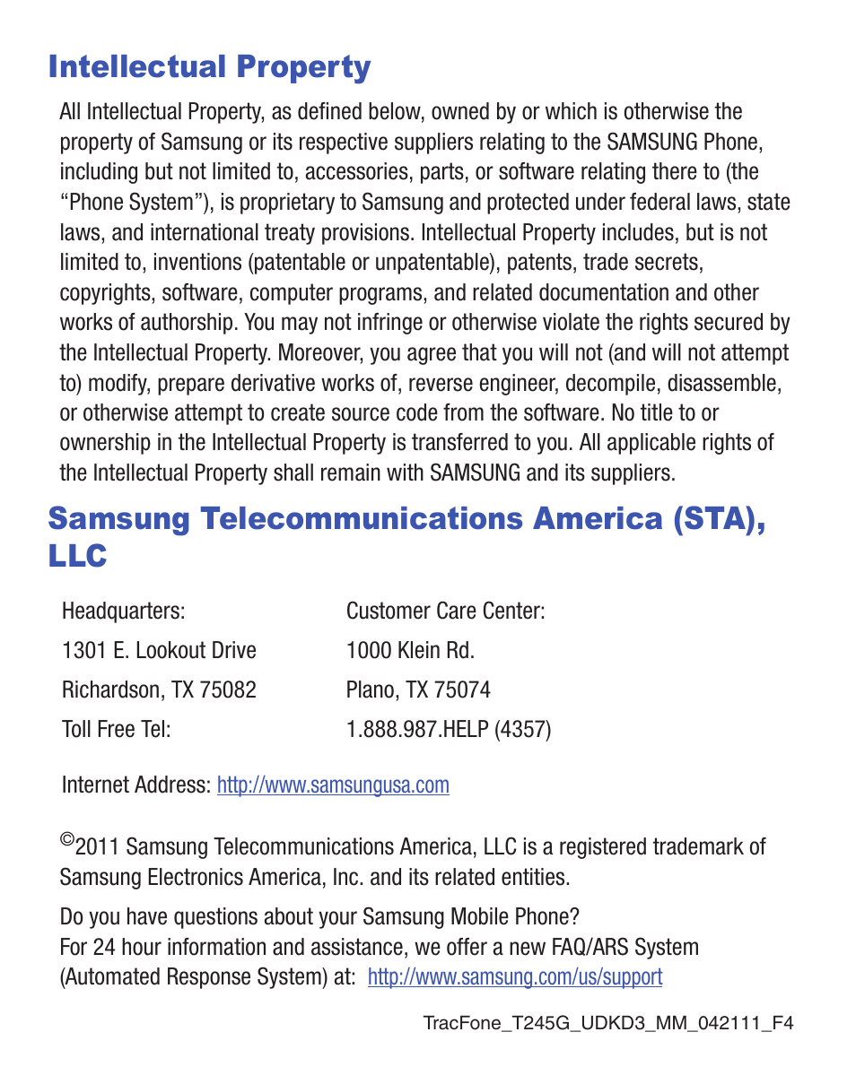 Intellectual property, Samsung telecommunications america (sta), llc | Samsung SGH-T245LSATFN User Manual | Page 2 / 88