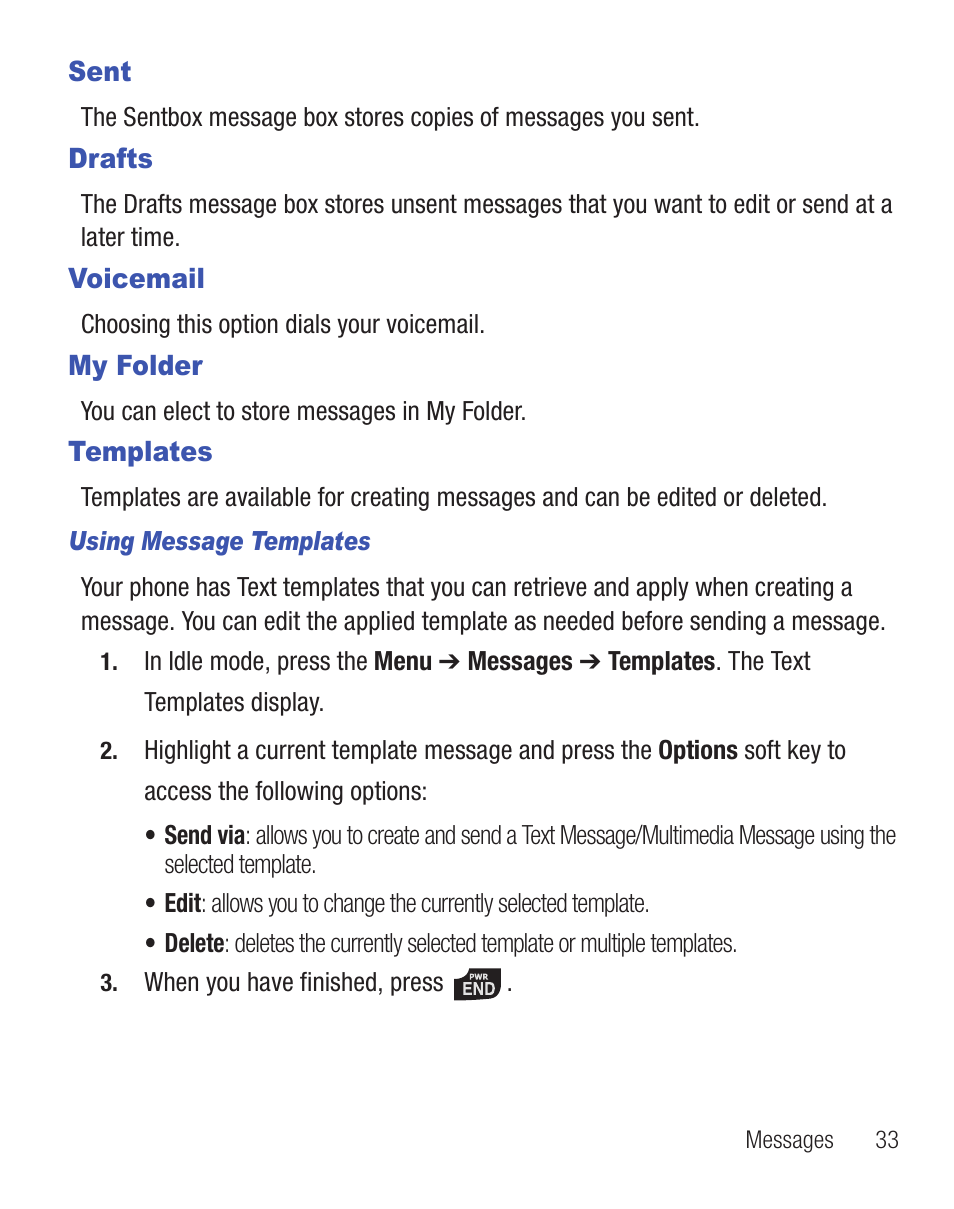 Sent, Drafts, Voicemail | My folder, Templates, Drafts voicemail my folder templates | Samsung SGH-T245LSATFN User Manual | Page 37 / 88