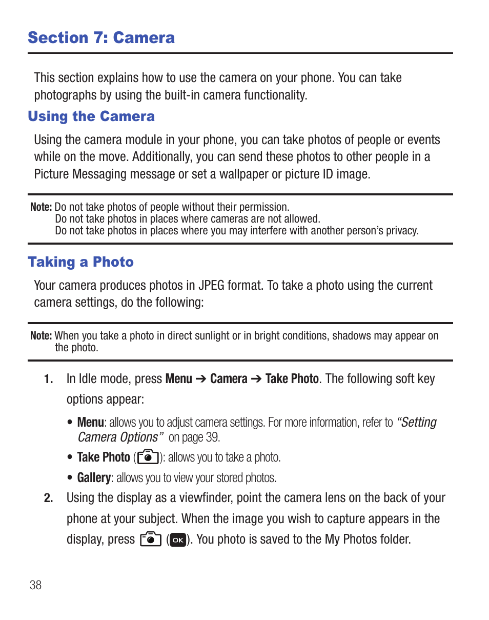 Section 7: camera, Using the camera, Taking a photo | Using the camera taking a photo | Samsung SGH-T245LSATFN User Manual | Page 42 / 88