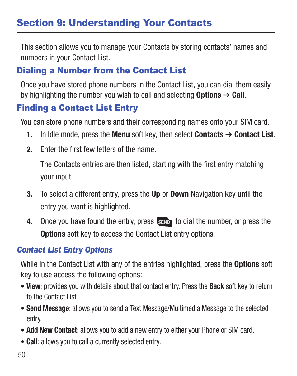 Section 9: understanding your contacts, Dialing a number from the contact list, Finding a contact list entry | Samsung SGH-T245LSATFN User Manual | Page 54 / 88