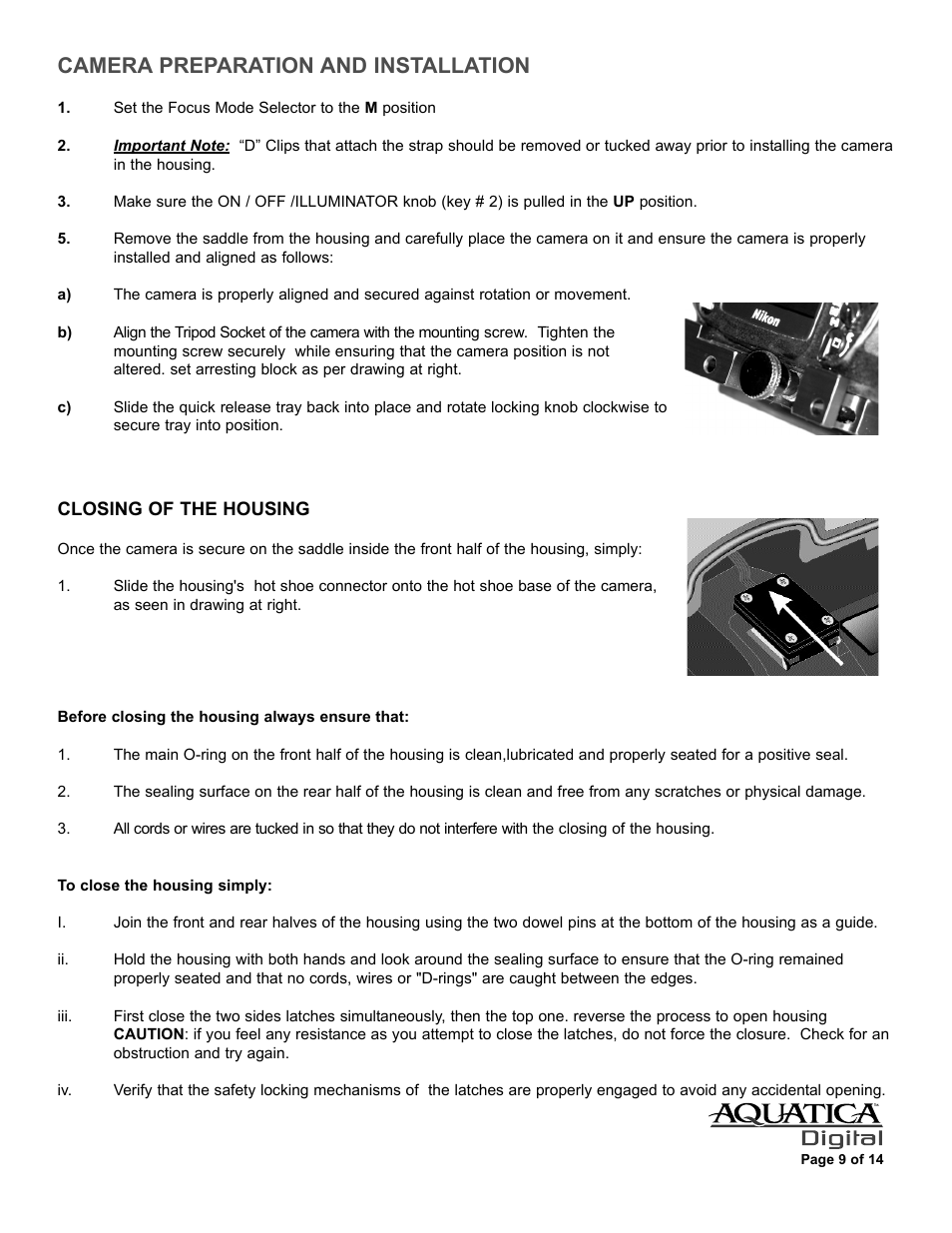Camera preparation and installation | Aquatica D200 User Manual | Page 10 / 15