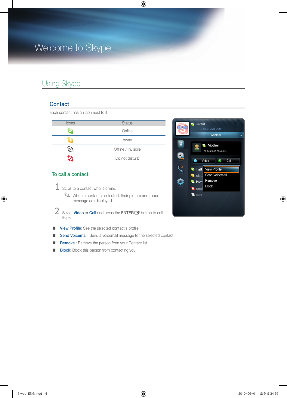 Welcome to skype, Using skype, Contact | Samsung UN55C8000XFXZA User Manual | Page 3 / 7