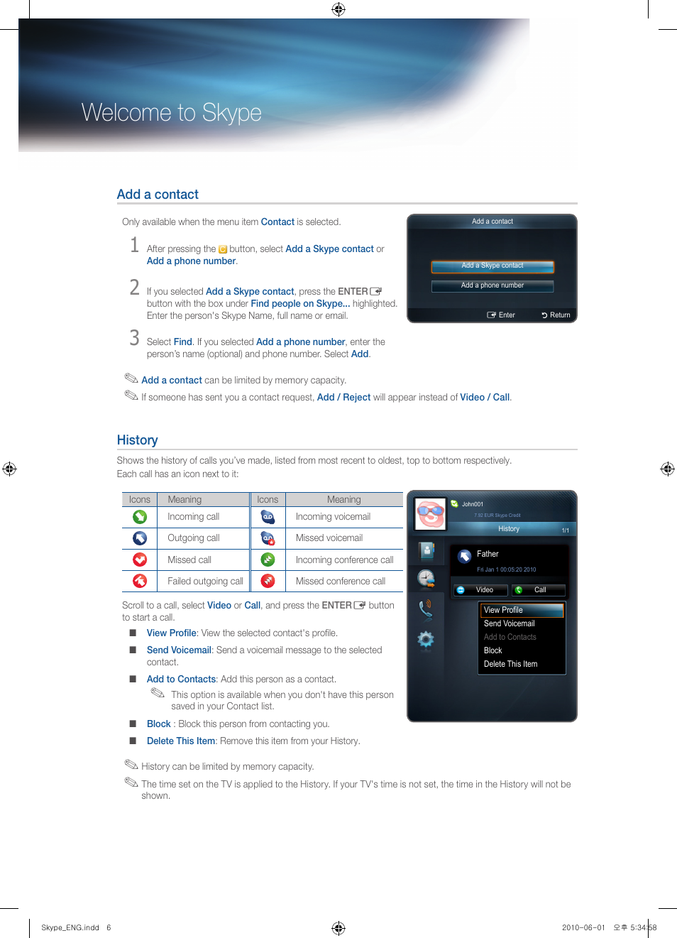 Welcome to skype, Add a contact, History | Samsung UN55C8000XFXZA User Manual | Page 5 / 7