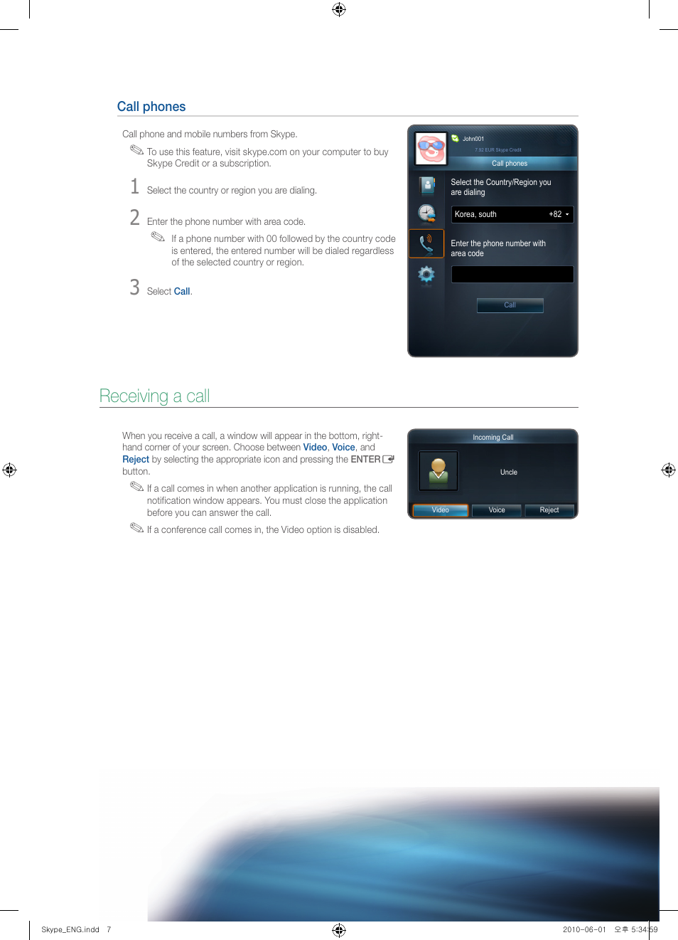 Receiving a call, Call phones | Samsung UN55C8000XFXZA User Manual | Page 6 / 7