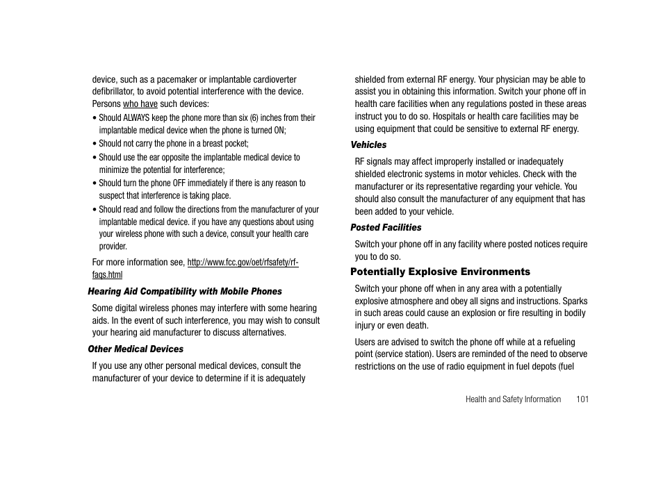 Hearing aid compatibility with mobile phones, Other medical devices, Vehicles | Posted facilities, Potentially explosive environments | Samsung SECR300ZRAMTR User Manual | Page 101 / 114