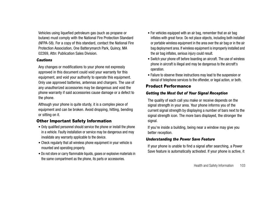 Cautions, Other important safety information, Product performance | Getting the most out of your signal reception, Understanding the power save feature | Samsung SECR300ZRAMTR User Manual | Page 103 / 114