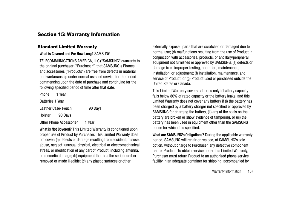 Section 15: warranty information, Standard limited warranty | Samsung SECR300ZRAMTR User Manual | Page 107 / 114