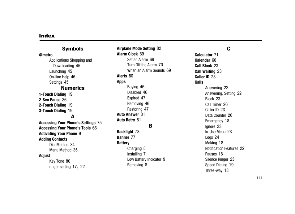 Index, Symbols, Numerics | Samsung SECR300ZRAMTR User Manual | Page 111 / 114