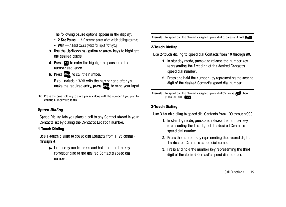 Speed dialing, Touch dialing | Samsung SECR300ZRAMTR User Manual | Page 19 / 114