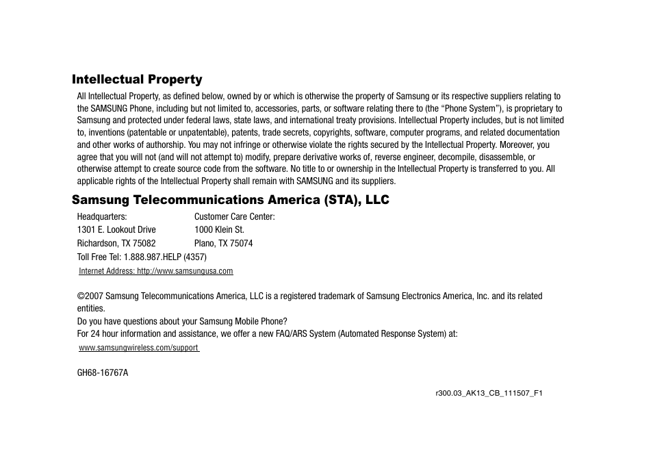 Intellectual property, Samsung telecommunications america (sta), llc | Samsung SECR300ZRAMTR User Manual | Page 2 / 114