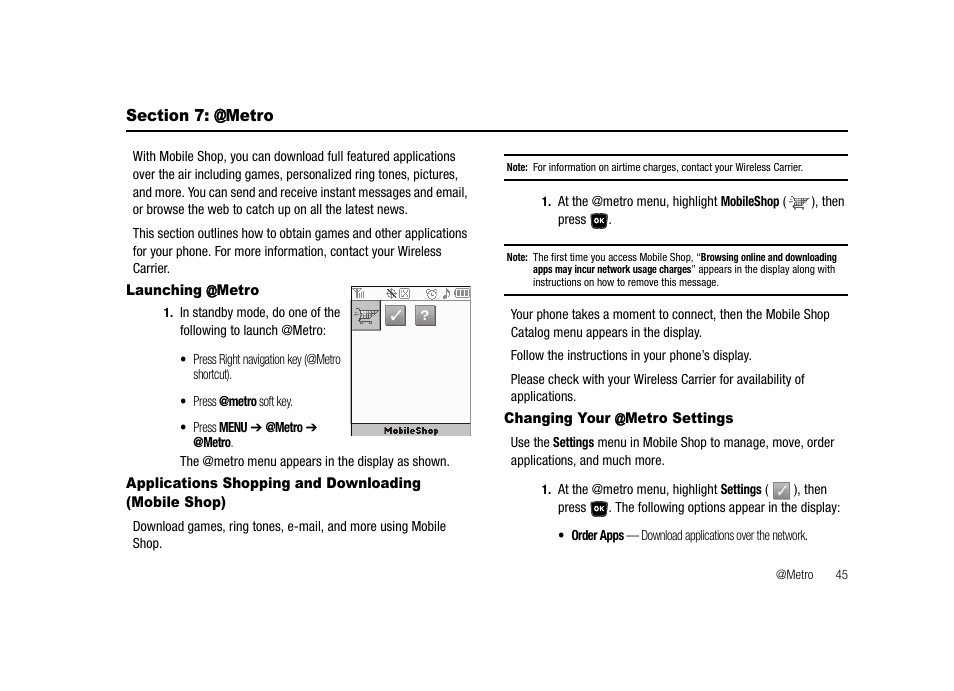 Section 7: @metro, Launching @metro, Changing your @metro settings | Samsung SECR300ZRAMTR User Manual | Page 45 / 114