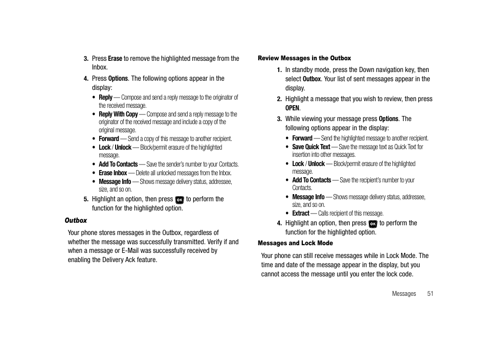 Outbox, Review messages in the outbox, Messages and lock mode | Samsung SECR300ZRAMTR User Manual | Page 51 / 114