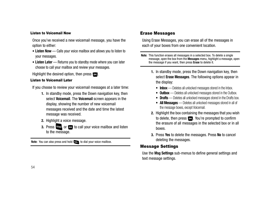 Listen to voicemail now, Listen to voicemail later, Erase messages | Message settings, Erase messages message settings | Samsung SECR300ZRAMTR User Manual | Page 54 / 114