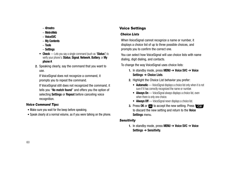 Voice command tips, Voice settings, Choice lists | Sensitivity | Samsung SECR300ZRAMTR User Manual | Page 60 / 114