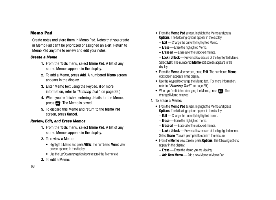 Memo pad, Create a memo, Review, edit, and erase memos | Samsung SECR300ZRAMTR User Manual | Page 68 / 114
