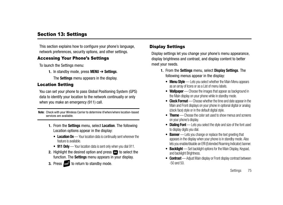Section 13: settings, Accessing your phone’s settings, Location setting | Display settings, Location setting display settings | Samsung SECR300ZRAMTR User Manual | Page 75 / 114