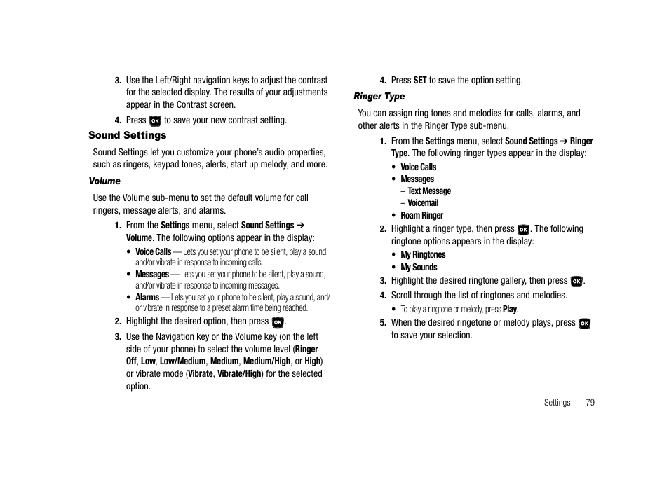 Sound settings, Volume, Ringer type | Samsung SECR300ZRAMTR User Manual | Page 79 / 114