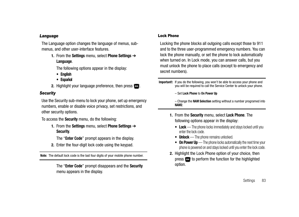 Language, Security, Lock phone | Samsung SECR300ZRAMTR User Manual | Page 83 / 114