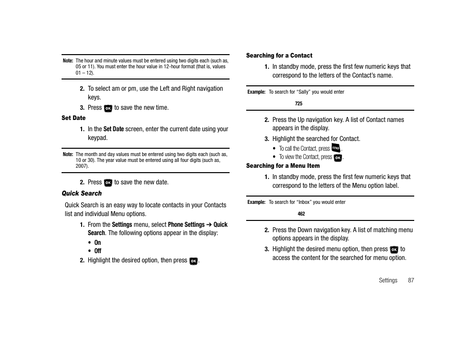 Set date, Quick search, Searching for a contact | Searching for a menu item | Samsung SECR300ZRAMTR User Manual | Page 87 / 114