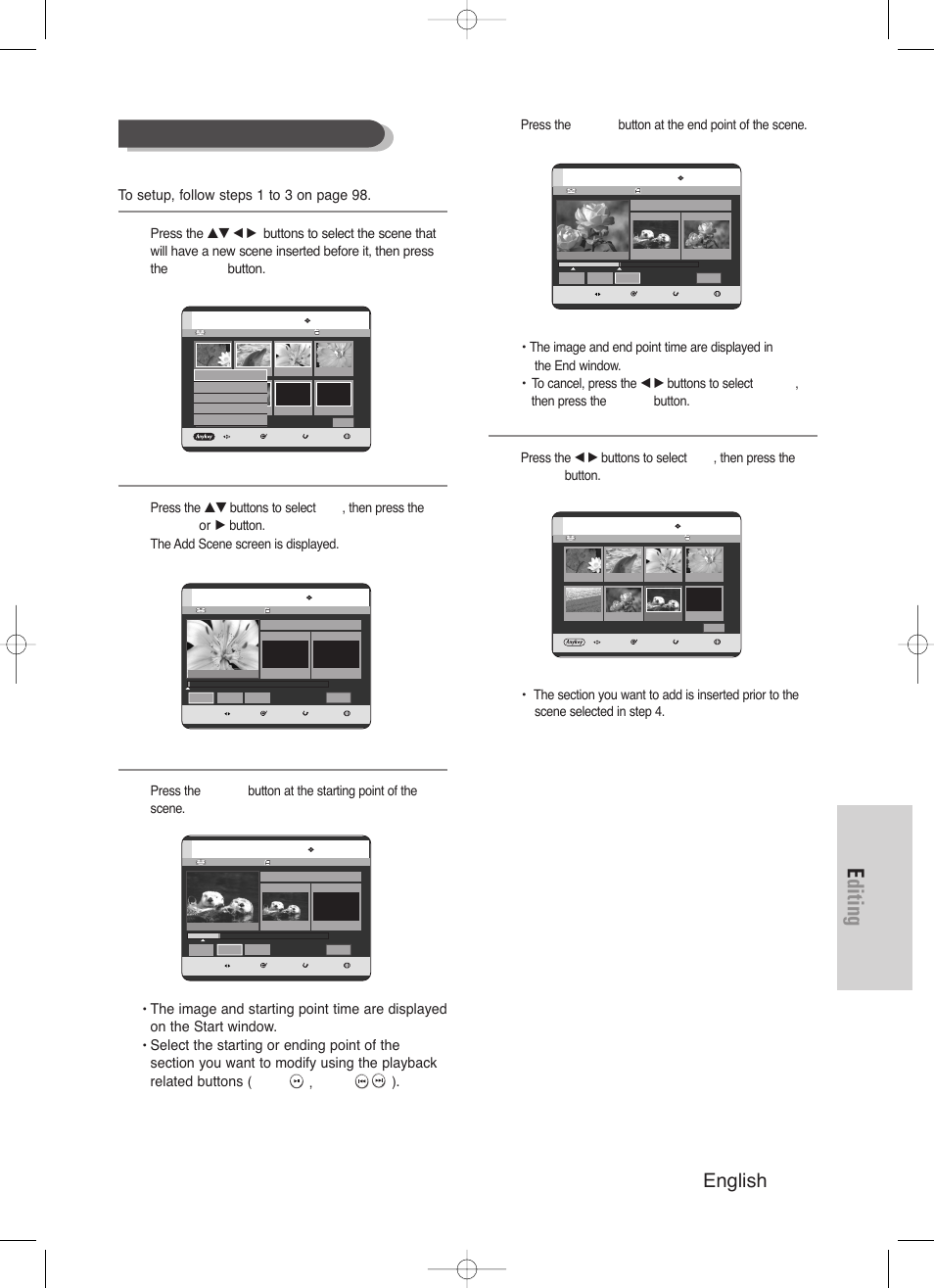 Editing, English - 101, Adding a scene | Play( ) , skip | Samsung DVD-HR720-XAA User Manual | Page 101 / 168