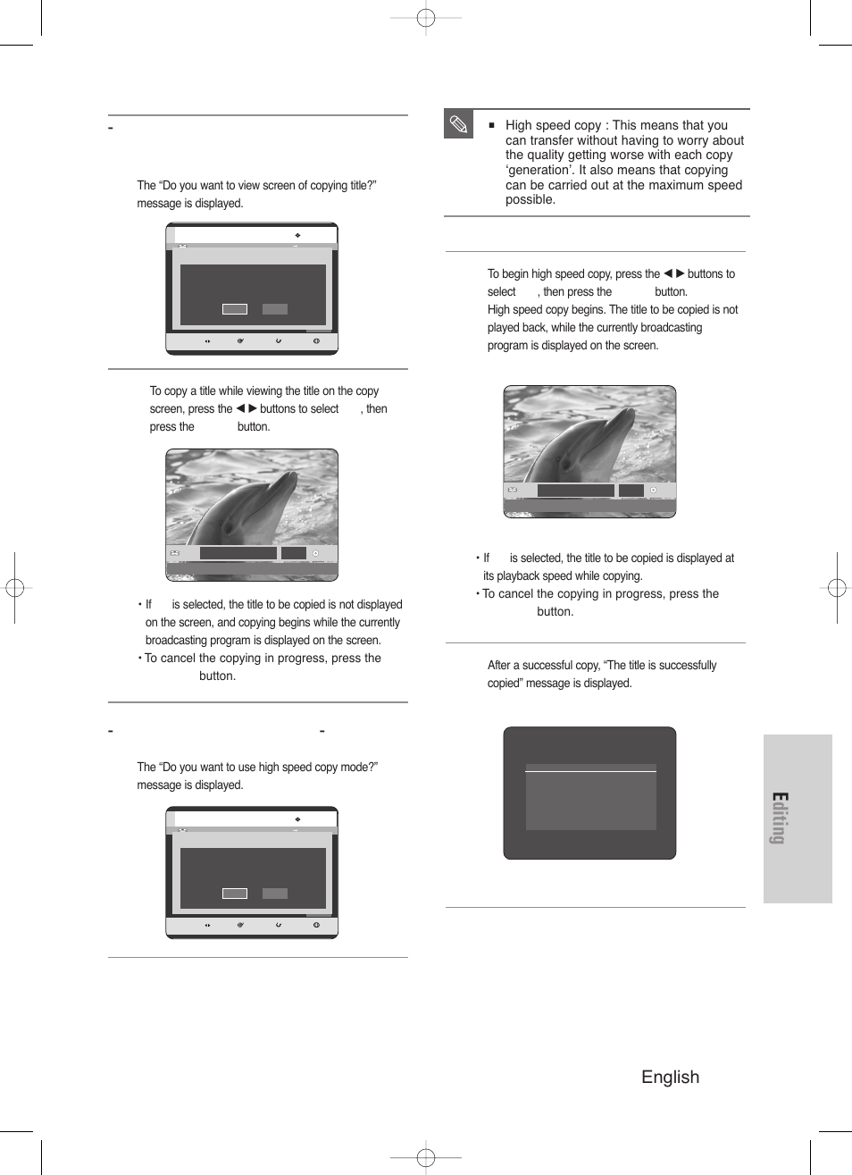 Editing, English - 105, Copying a title that has been edited once before | Copying an unedited title | Samsung DVD-HR720-XAA User Manual | Page 105 / 168