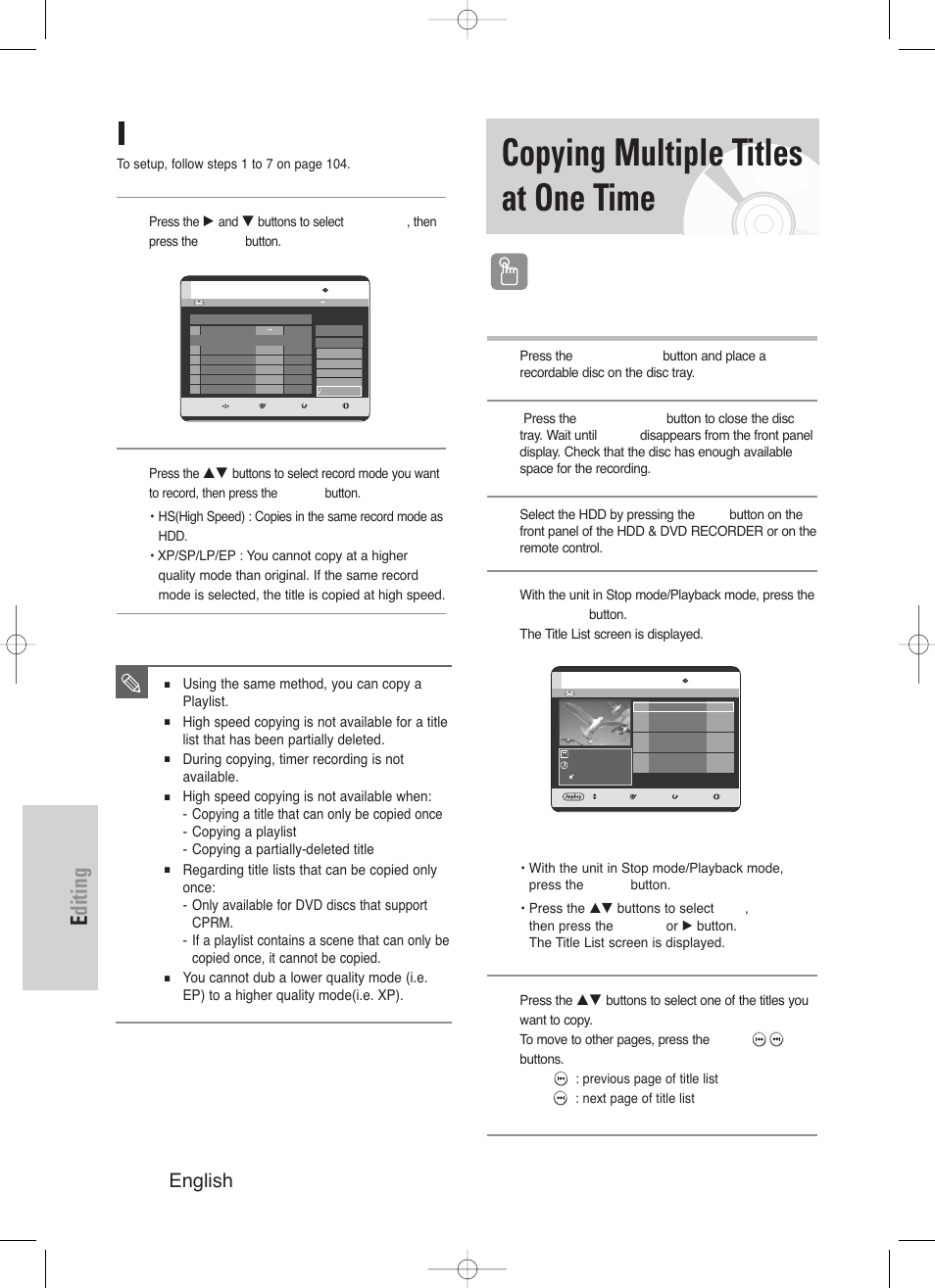 Copying multiple titles at one time, Editing, 106 - english | Changing the record mode, Using the title list button | Samsung DVD-HR720-XAA User Manual | Page 106 / 168