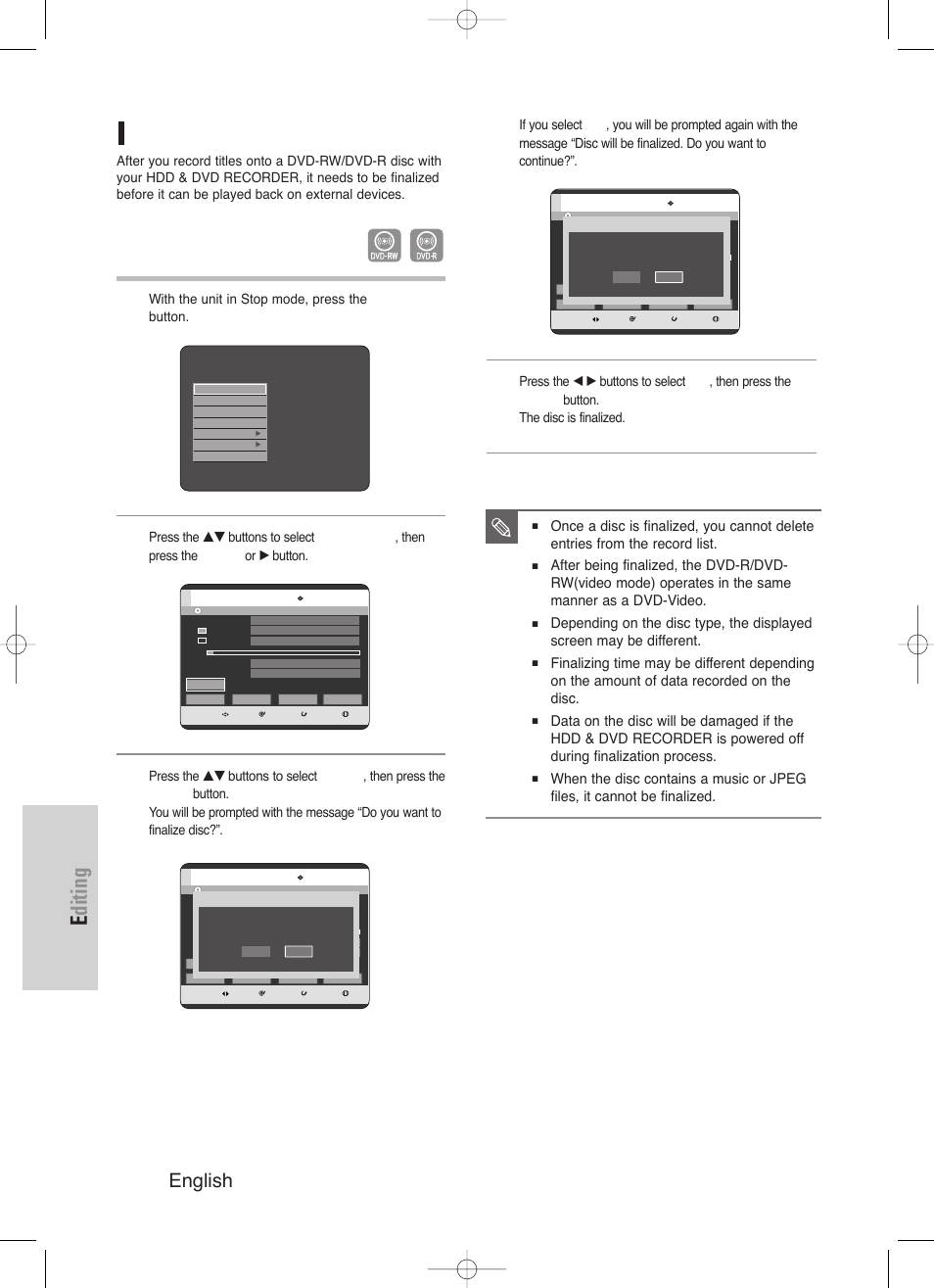 Editing, 118 - english, Finalizing a disc | Samsung DVD-HR720-XAA User Manual | Page 118 / 168