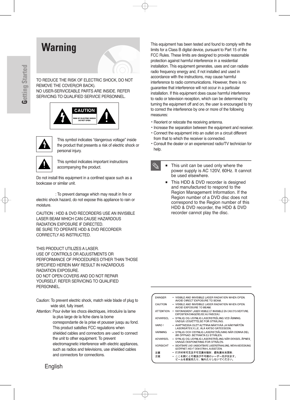 Getting started, Warning, 2 - english | Samsung DVD-HR720-XAA User Manual | Page 2 / 168
