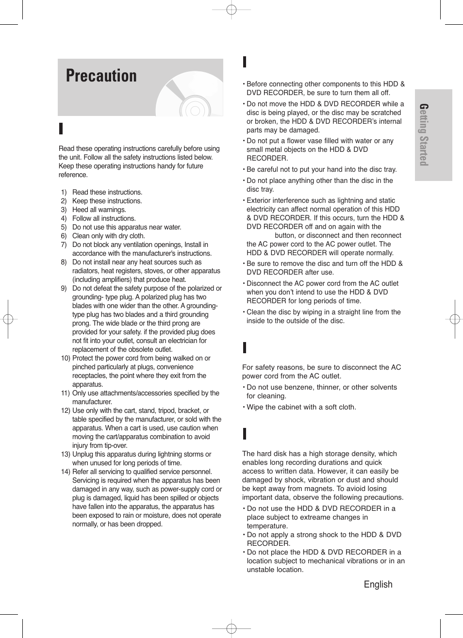 Precaution, Important safety instructions, Handling cautions | Maintenance of cabinet, Hdd (hard disc drive), Getting started, English - 3 important safety instructions | Samsung DVD-HR720-XAA User Manual | Page 3 / 168