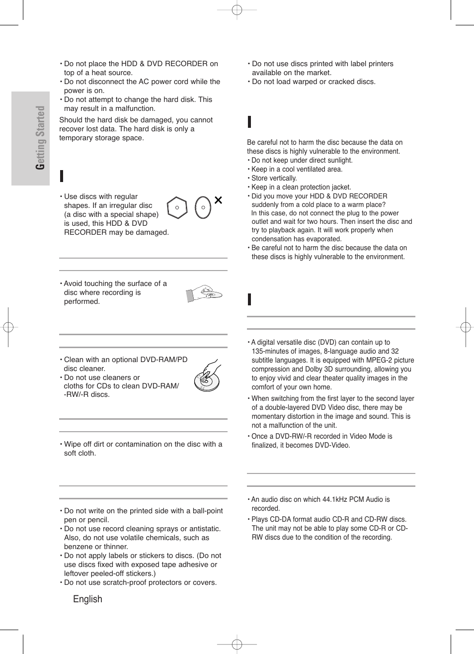 Disc handling, Disc storage, Disc specifications | Getting started, 4 - english | Samsung DVD-HR720-XAA User Manual | Page 4 / 168