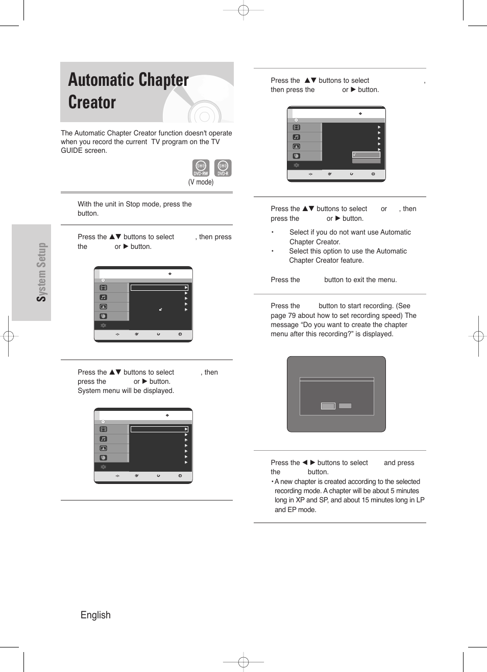 Automatic chapter creator, System setup, 40 - english | V mode) | Samsung DVD-HR720-XAA User Manual | Page 40 / 168