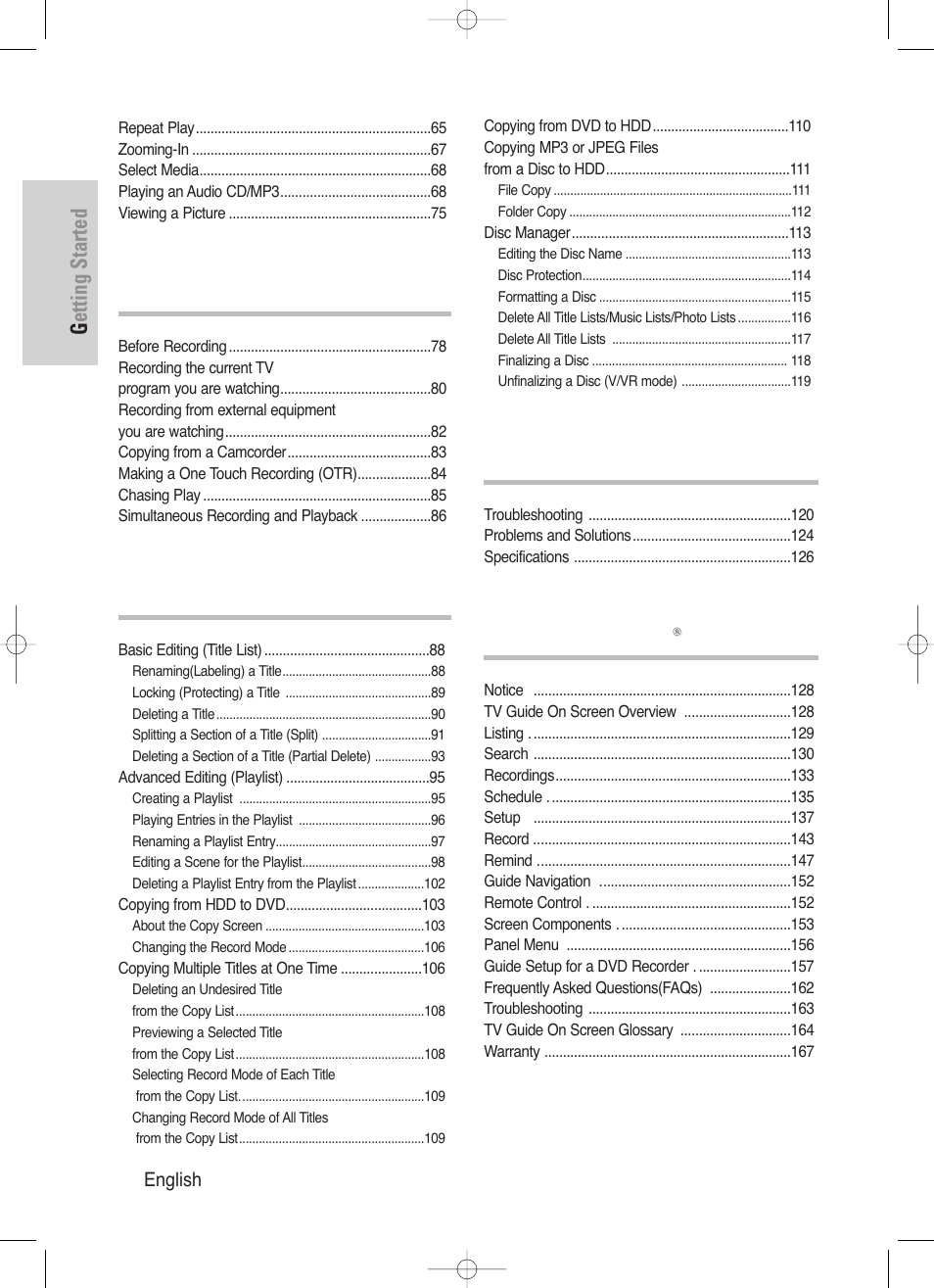 Getting started, 8 - english, Recording | Editing, Additional information, Tv guide on screen, User manual | Samsung DVD-HR720-XAA User Manual | Page 8 / 168