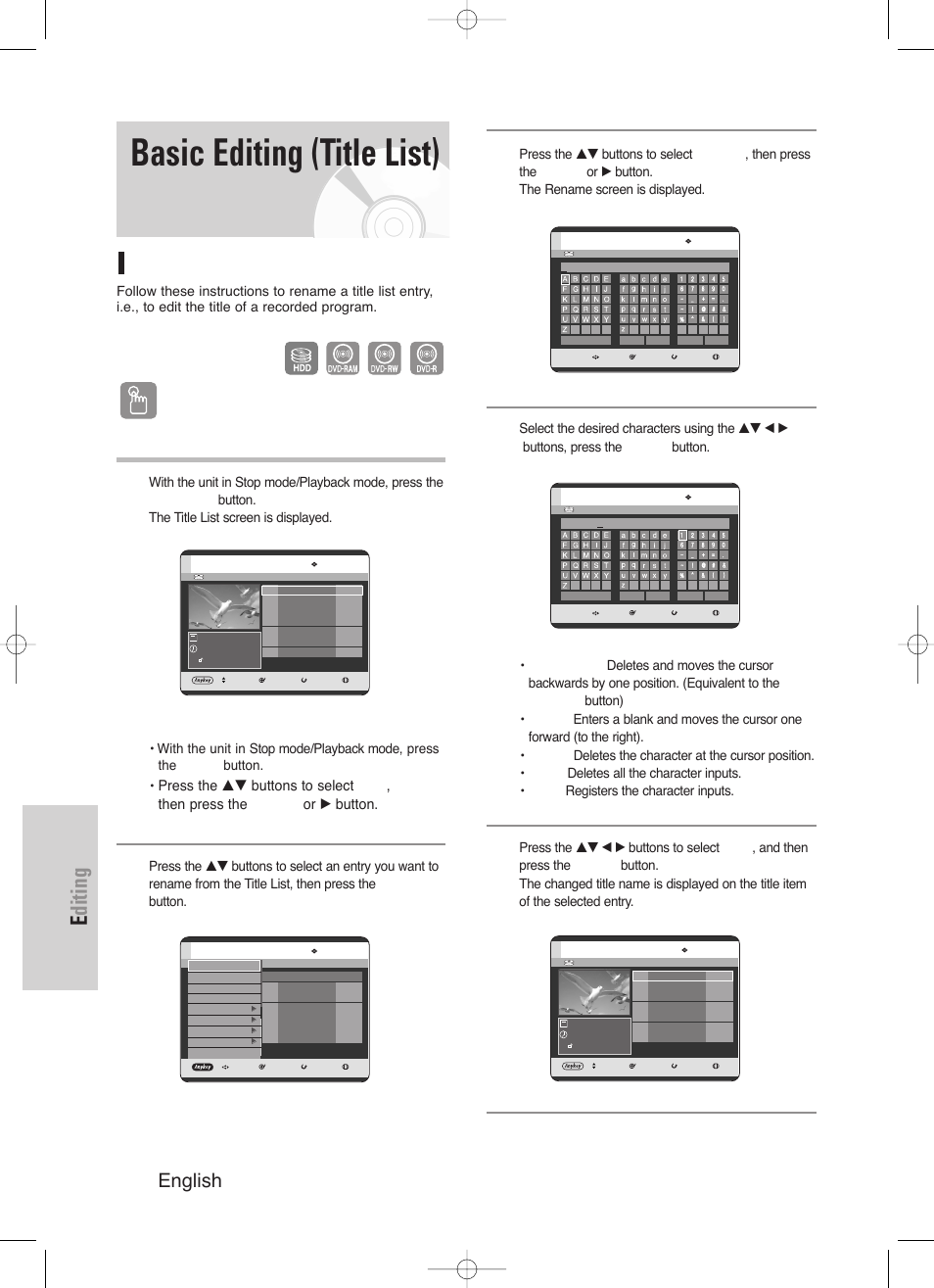 Basic editing (title list), Editing, 88 - english | Renaming(labeling) a title, Using the title list button, Using the menu button | Samsung DVD-HR720-XAA User Manual | Page 88 / 168