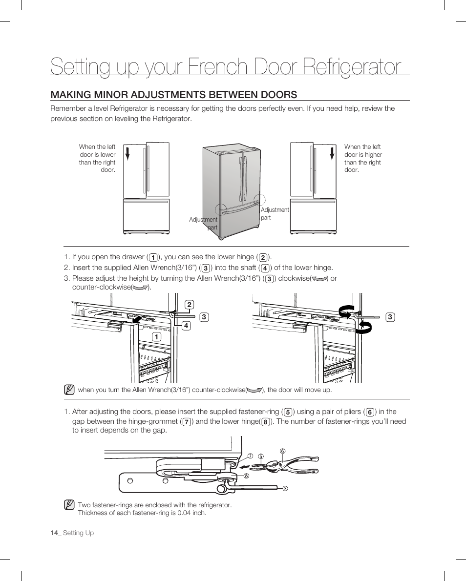 Setting up your french door refrigerator, Making minor adjustments between doors | Samsung RF266ACPN-XAA User Manual | Page 14 / 76