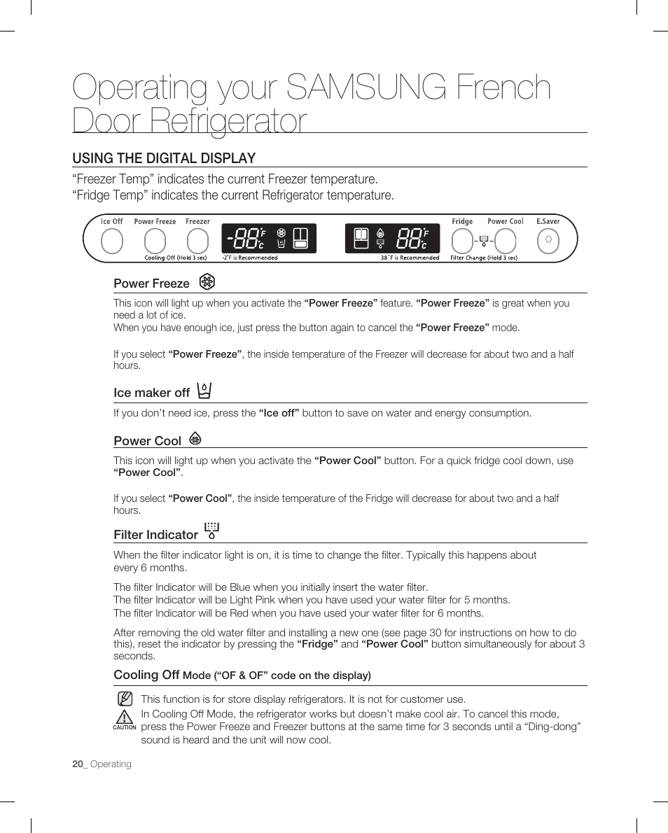 Operating your samsung french door refrigerator | Samsung RF266ACPN-XAA User Manual | Page 20 / 76