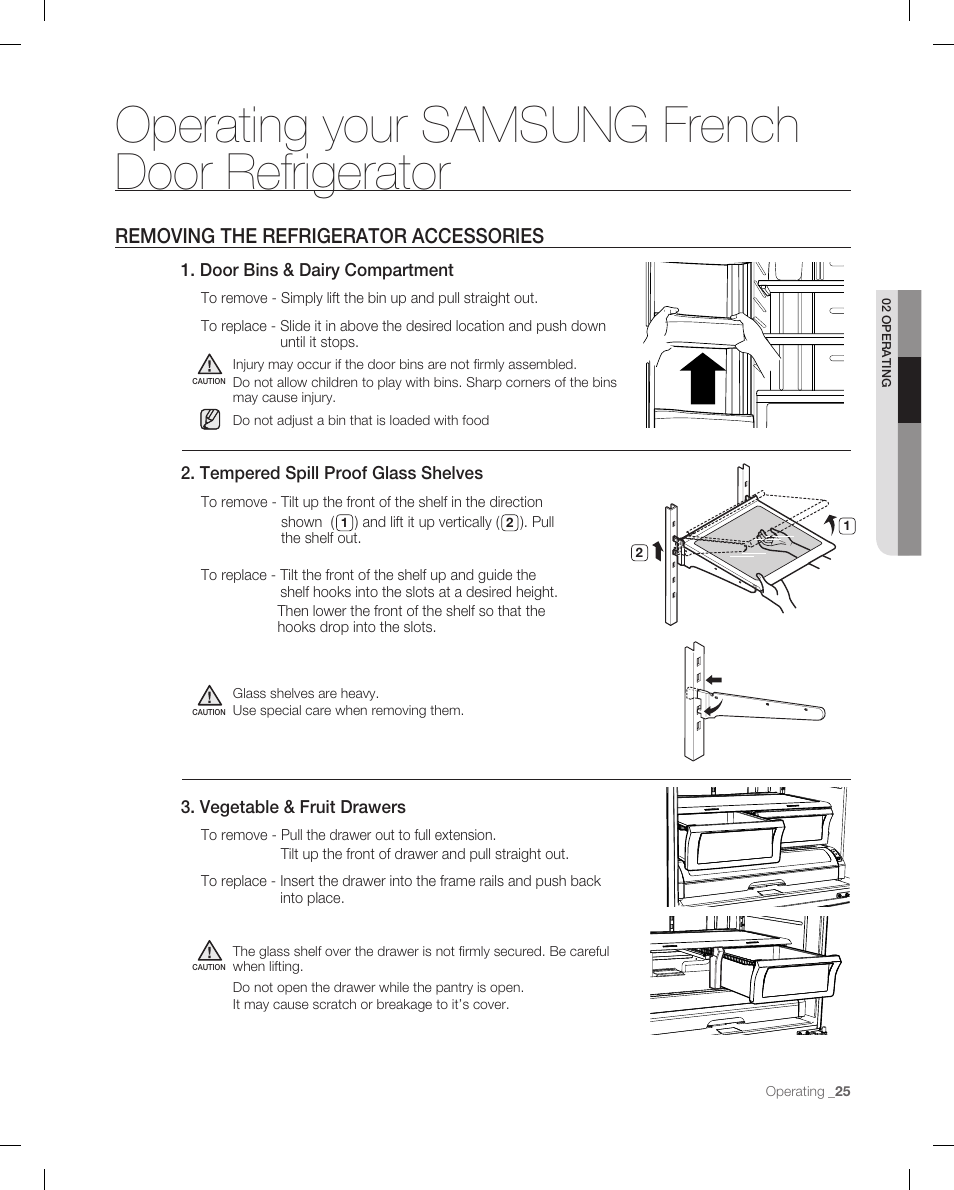 Operating your samsung french door refrigerator, Removing the refrigerator accessories | Samsung RF266ACPN-XAA User Manual | Page 25 / 76