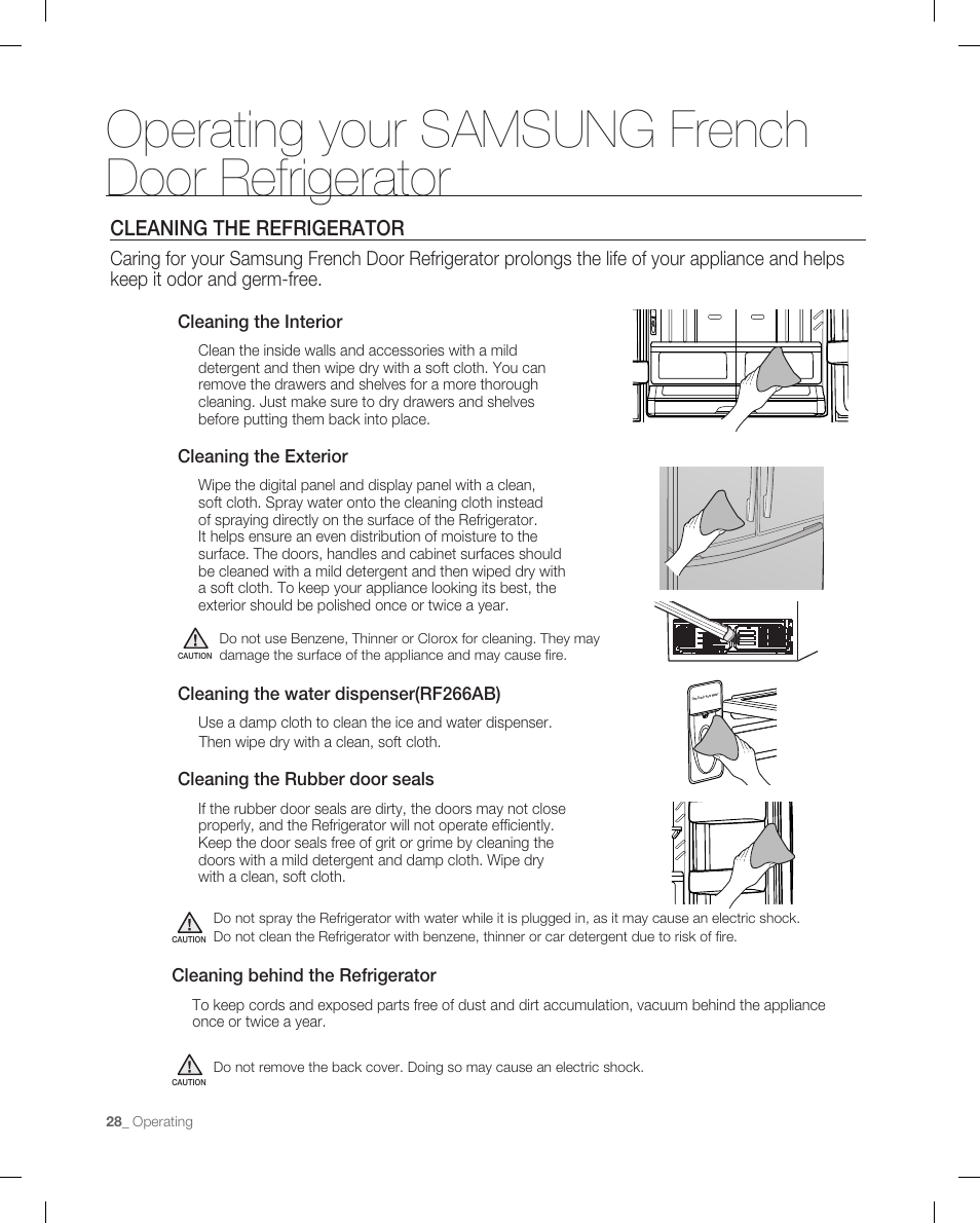 Operating your samsung french door refrigerator, 2 inch, 2 inch 1 inch | Cleaning the refrigerator | Samsung RF266ACPN-XAA User Manual | Page 28 / 76